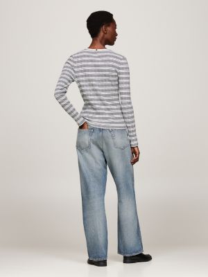 grau gestreiftes slim fit langarmshirt für damen - tommy hilfiger