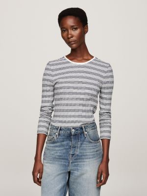 grey stripe slim long sleeve t-shirt for women tommy hilfiger