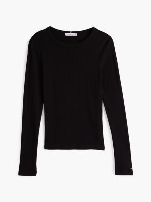 black pointelle long sleeve slim t-shirt for women tommy hilfiger