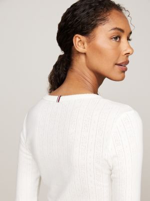 white pointelle long sleeve slim t-shirt for women tommy hilfiger