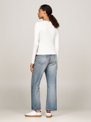 white pointelle long sleeve slim t-shirt for women tommy hilfiger