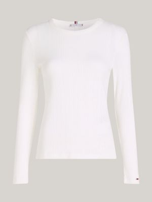 white pointelle long sleeve slim t-shirt for women tommy hilfiger