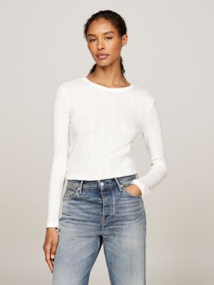 white pointelle long sleeve slim t-shirt for women tommy hilfiger