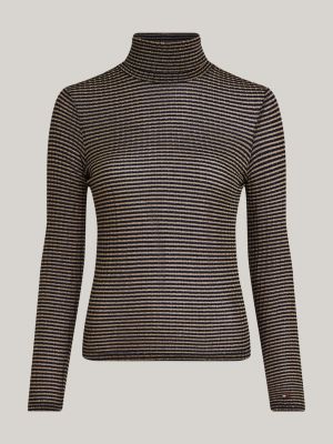 pull ajusté col roulé à rayures métallisées bleu pour femmes tommy hilfiger