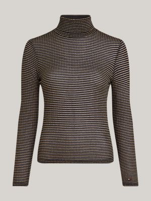 blue metallic stripe roll neck slim jumper for women tommy hilfiger