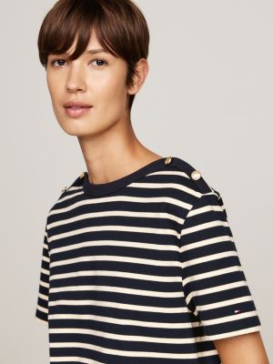 white stripe boat neck relaxed t-shirt for women tommy hilfiger