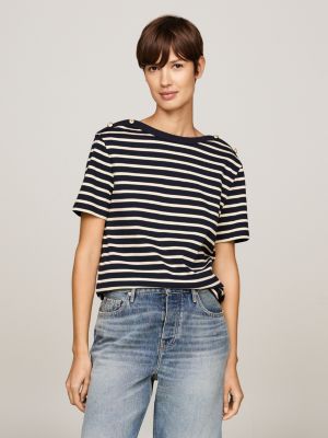 white stripe boat neck relaxed t-shirt for women tommy hilfiger