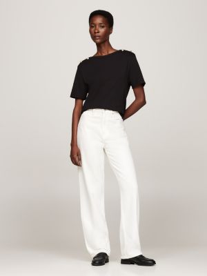 schwarz t-shirt mit goldfarbenen knöpfen für damen - tommy hilfiger