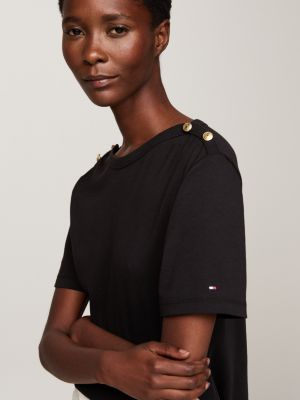schwarz t-shirt mit goldfarbenen knöpfen für damen - tommy hilfiger