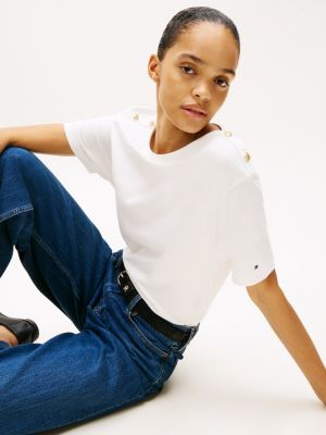 t-shirt à boutons dorés blanc pour femmes tommy hilfiger