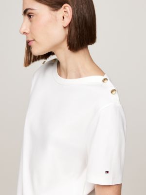 t-shirt à boutons dorés blanc pour femmes tommy hilfiger