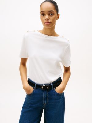 white t-shirt met goudkleurige knopen voor dames - tommy hilfiger