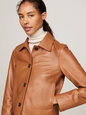 brown cropped slim leather jacket for women tommy hilfiger