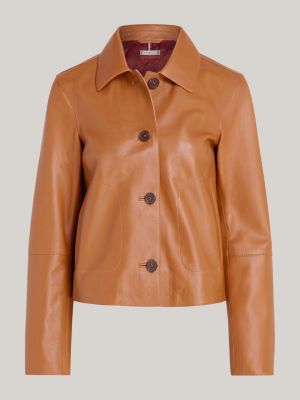 brown cropped slim leather jacket for women tommy hilfiger