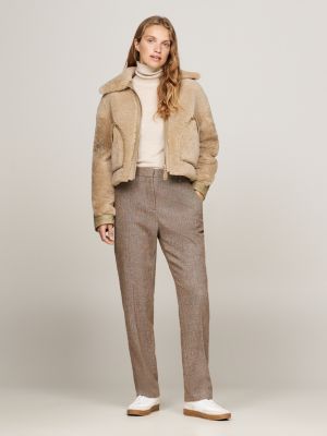 brown herringbone slim straight leg trousers for women tommy hilfiger