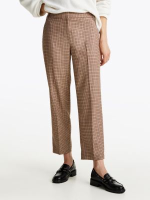 brown check slim straight leg trousers for women tommy hilfiger