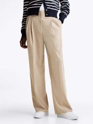 beige relaxed fit straight leg broek van wolmix voor dames - tommy hilfiger