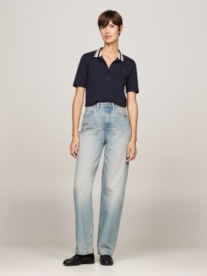 polo ajusté en piqué bleu pour femmes tommy hilfiger
