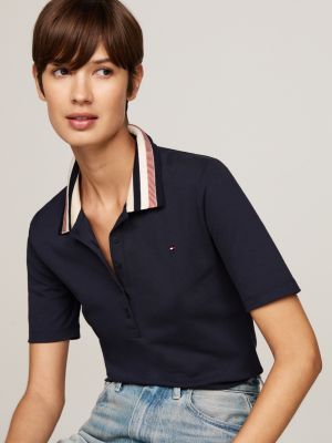 polo ajusté en piqué bleu pour femmes tommy hilfiger