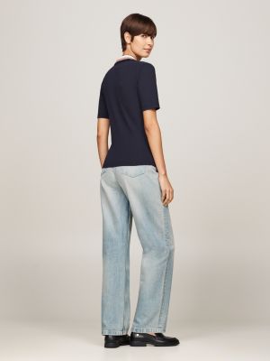 polo ajusté en piqué bleu pour femmes tommy hilfiger