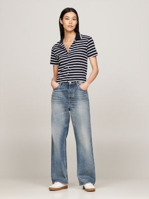 polo de corte cropped con cierre de botones azul de mujeres tommy hilfiger