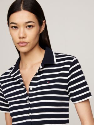 blue cropped slim button-thru polo shirt for women tommy hilfiger