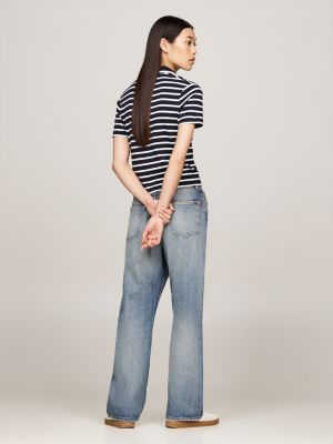 polo de corte cropped con cierre de botones azul de mujeres tommy hilfiger