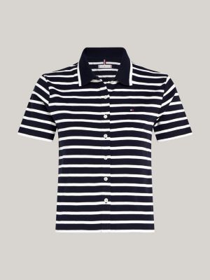 polo de corte cropped con cierre de botones azul de mujeres tommy hilfiger