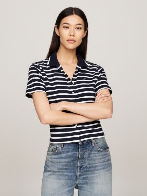 polo de corte cropped con cierre de botones azul de mujeres tommy hilfiger