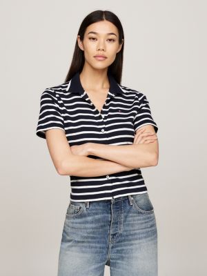 blue cropped slim button-thru polo shirt for women tommy hilfiger