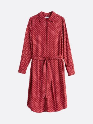 vestido camisero midi con cinturón y monotipo roja de mujeres tommy hilfiger