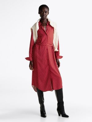 red hilfiger monotype belted midi shirt dress for women tommy hilfiger