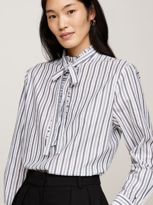 blue metallic stripe frilled relaxed blouse for women tommy hilfiger