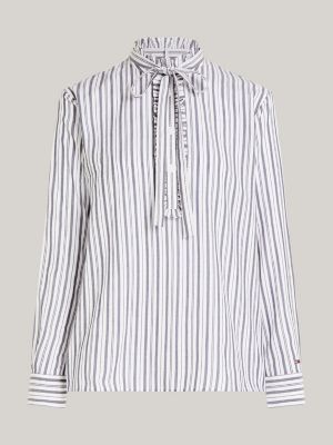 blue metallic stripe frilled relaxed blouse for women tommy hilfiger