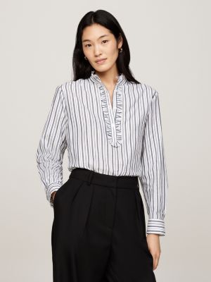 blue metallic stripe frilled relaxed blouse for women tommy hilfiger