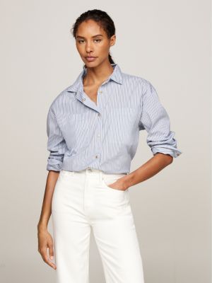 chemise oversize rayée à poche plaquée bleu pour femmes tommy hilfiger