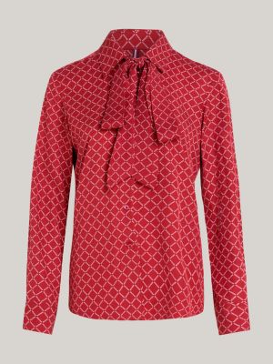 red hilfiger monotype viscose tie-neck blouse for women tommy hilfiger