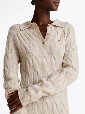 beige cable knit mini polo jumper dress for women tommy hilfiger