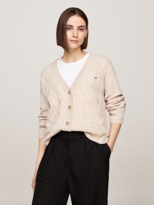 beige pure wool oversized v-neck cardigan for women tommy hilfiger