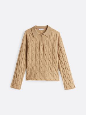 Cable Knit Relaxed Polo Jumper Khaki Tommy Hilfiger