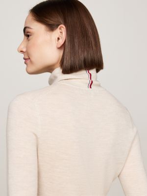 beige slim fit rollkragenpullover aus reiner wolle für damen - tommy hilfiger