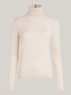 beige slim fit rollkragenpullover aus reiner wolle für damen - tommy hilfiger