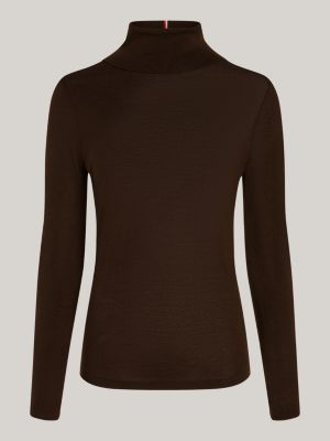 pull ajusté en pure laine à col roulé marron pour femmes tommy hilfiger