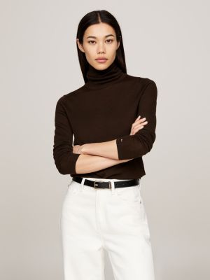 brown pure wool roll neck slim jumper for women tommy hilfiger