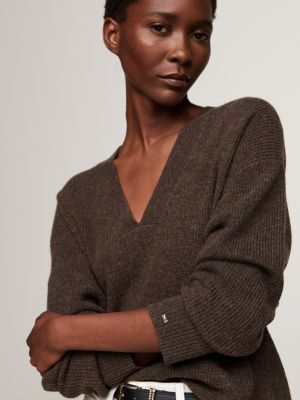 brown v-neck relaxed jumper with cashmere for women tommy hilfiger