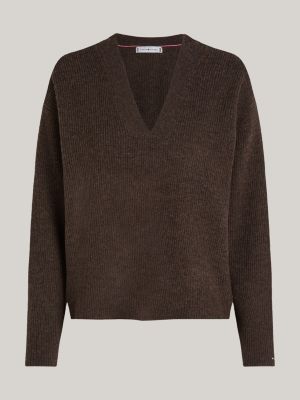 brown v-neck relaxed jumper with cashmere for women tommy hilfiger