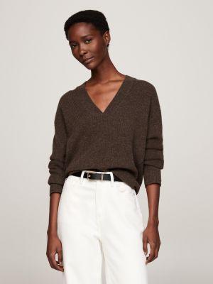 V Neck Relaxed Jumper with Cashmere Brown Tommy Hilfiger