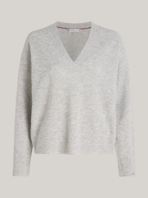 grey v-neck relaxed jumper with cashmere for women tommy hilfiger