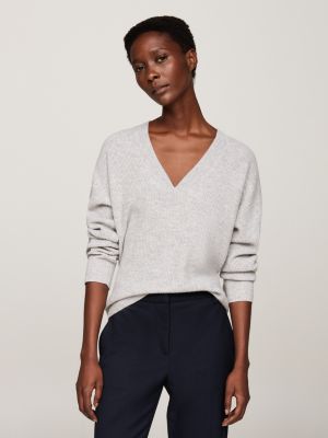 grey v-neck relaxed jumper with cashmere for women tommy hilfiger