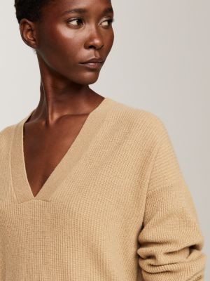 khaki v-neck relaxed jumper with cashmere for women tommy hilfiger